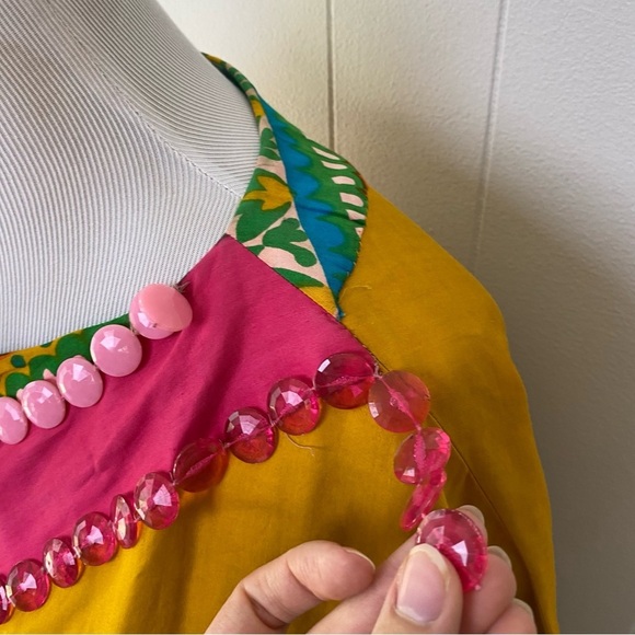 VTG 60s Top Cape Hippie Yellow Hawaiian Cotton Tunic Boho One Size Handmade - Picture 3 of 16